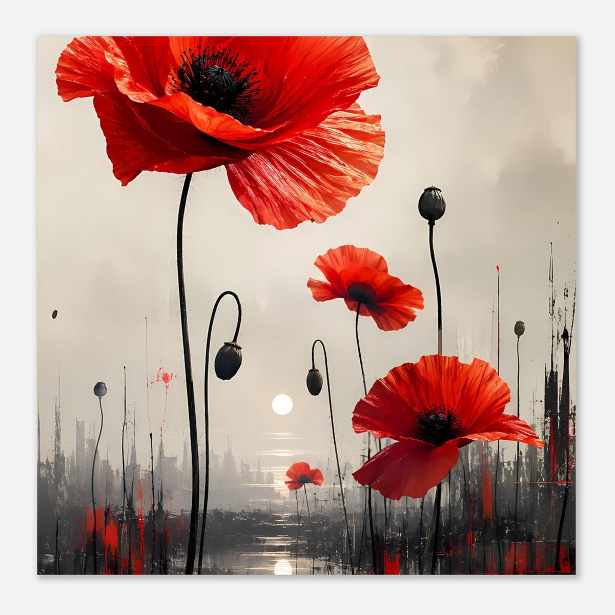 Nahansicht: Poster mit großen roten Mohnblumen, schwarzen Stielen und Nebel-Skyline