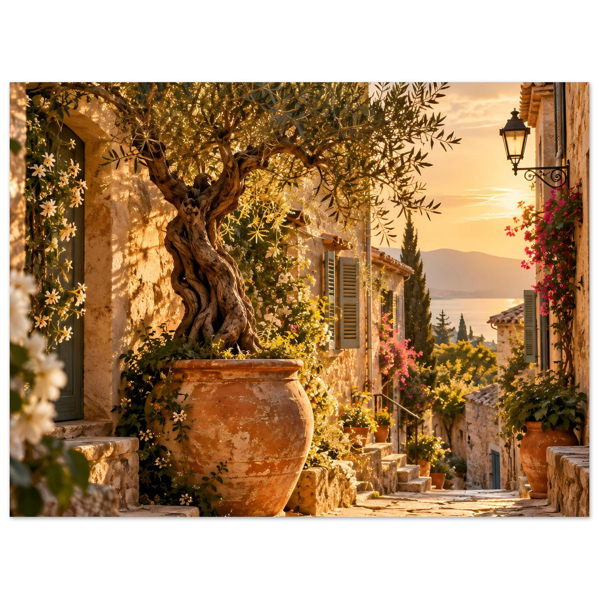 Poster: mediterrane Gasse mit Olivenbaum und Blüten an Fensterläden, Querformat