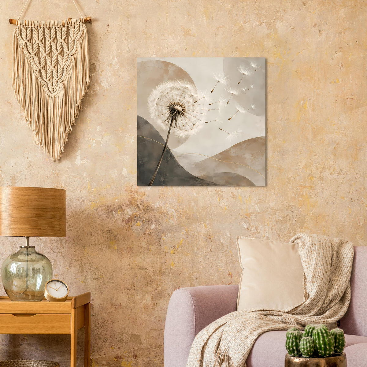 Quadratisches Poster mit Pusteblume und zarten Linien, Beige- und Grautöne