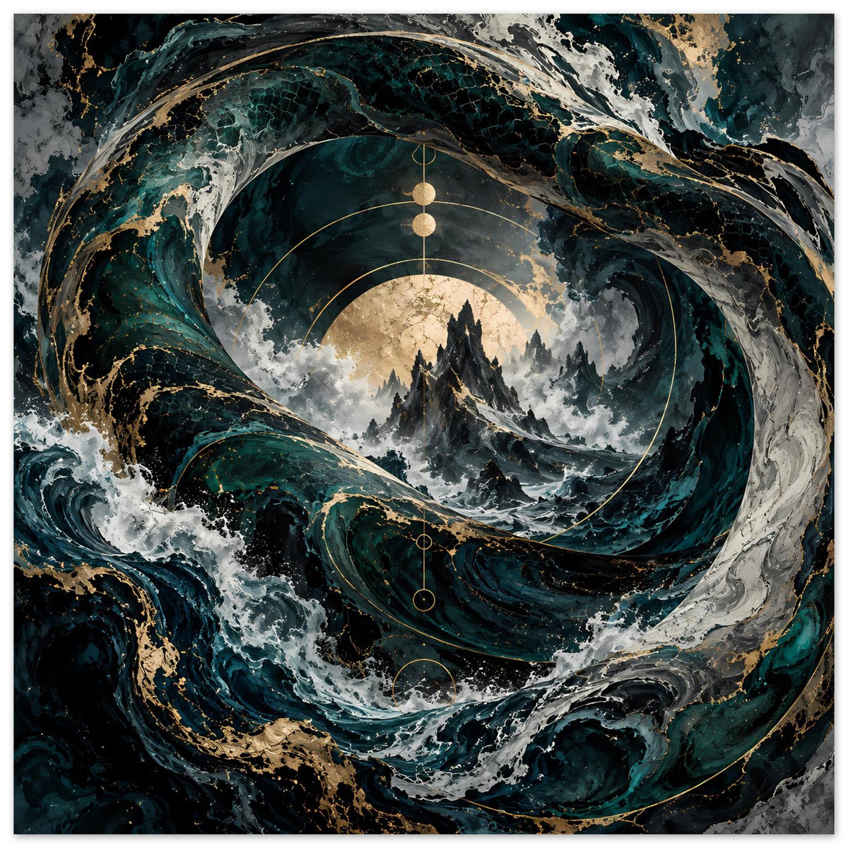 Meerwirbel-Poster mit großer Spirale aus türkisblauem Wasser, goldenen Ringen und Bergsilhouette