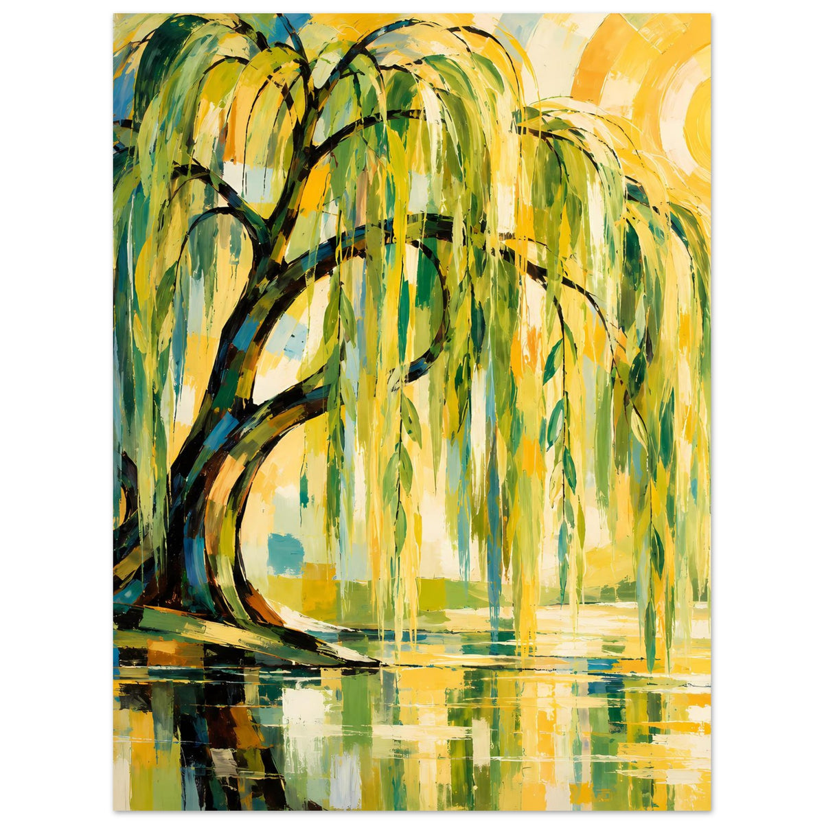 Poster mit abstraktem Weidenbaum, gelber Sonne und Spiegelung im Wasser