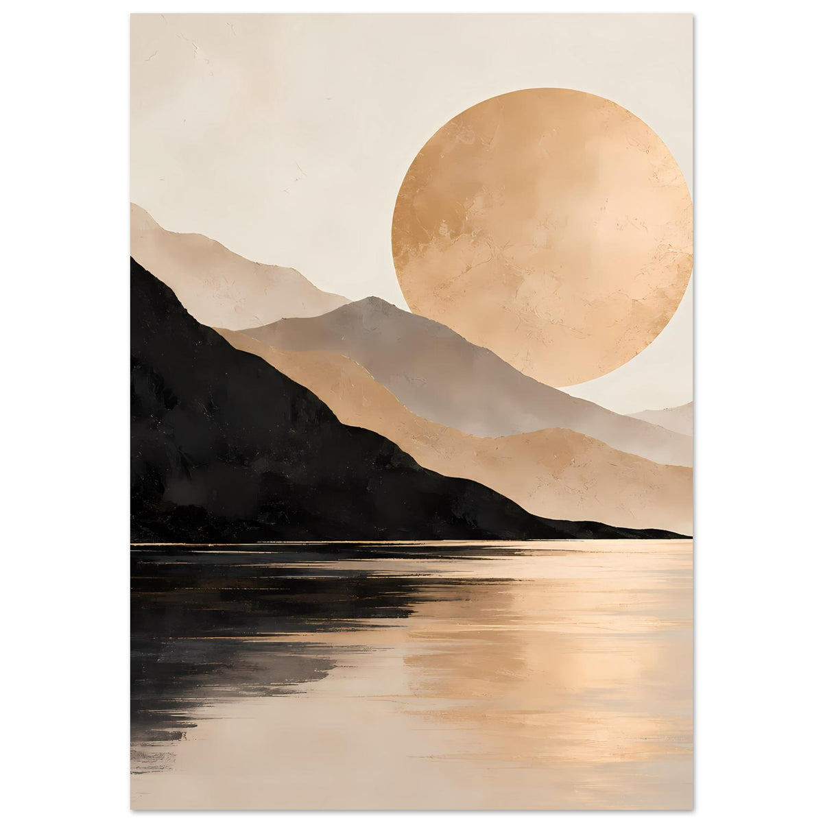 Poster: minimalistische Berge, See mit goldbraunen Reflexen und große runde Sonne im Hintergrund.