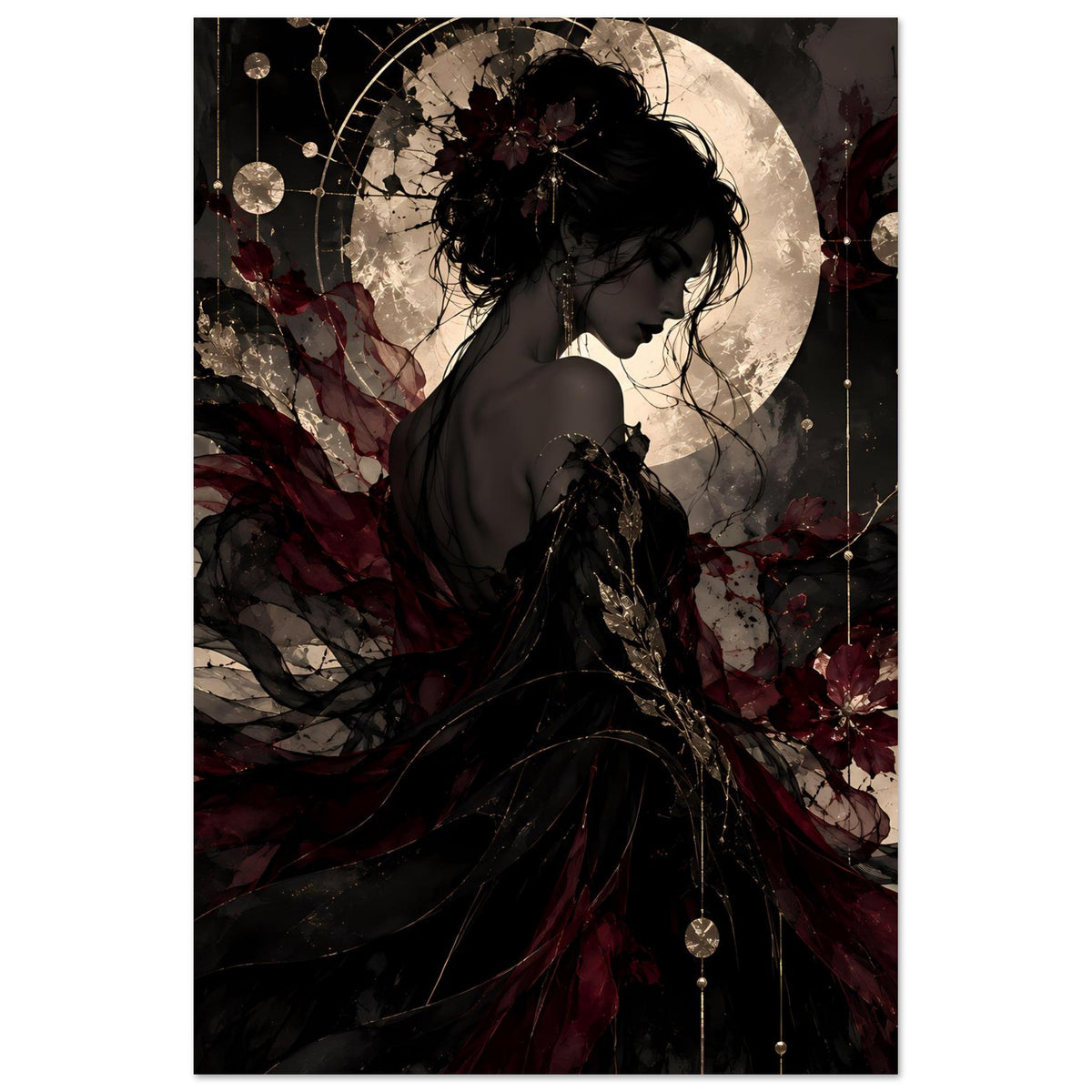 Poster im Hochformat mit Frauensilhouette, Mondscheibe, Schleierfalten und Tropfenketten