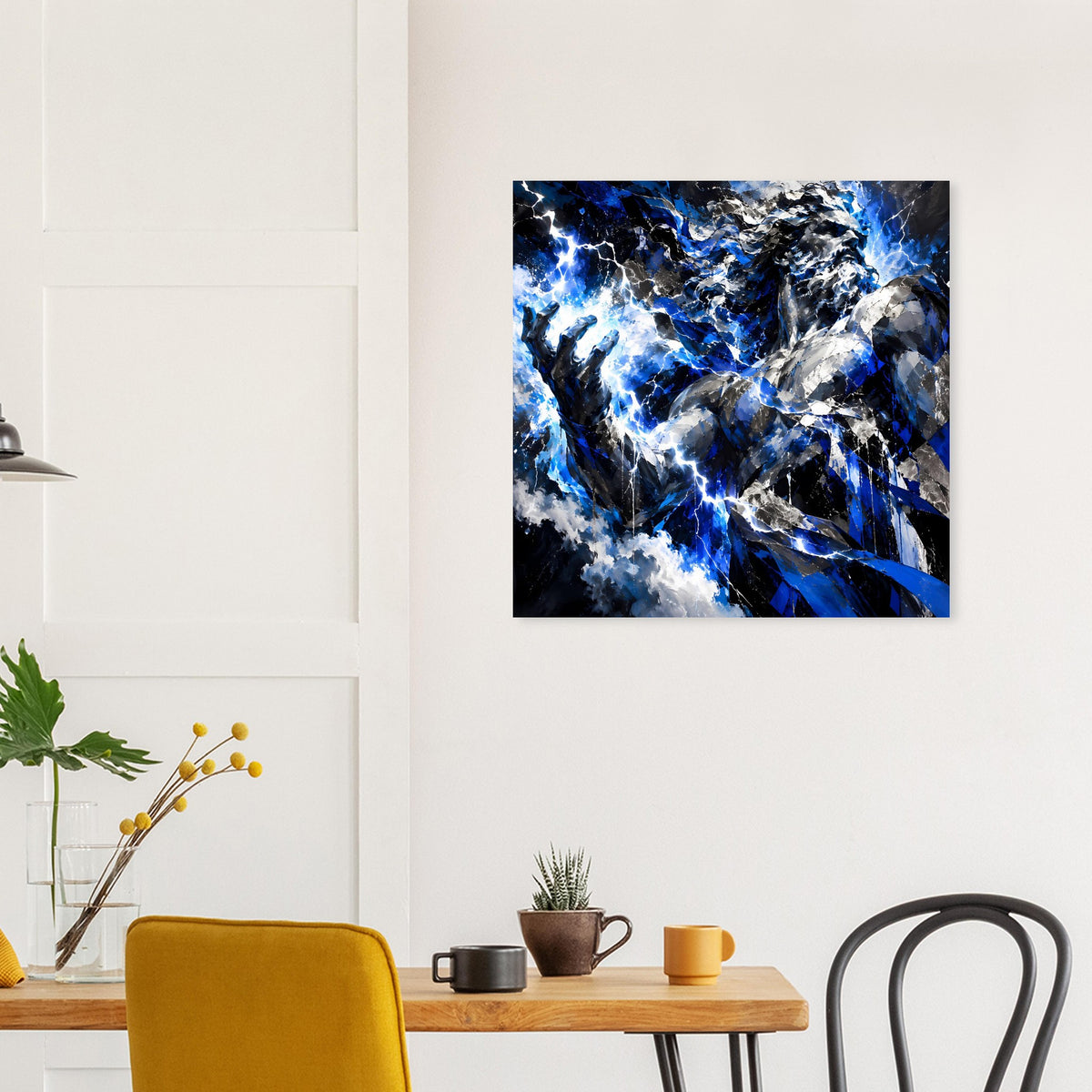 Quadratisches Blitz-Poster mit leuchtend blauen Linien auf dunklem Hintergrund, schwarzer Rahmen