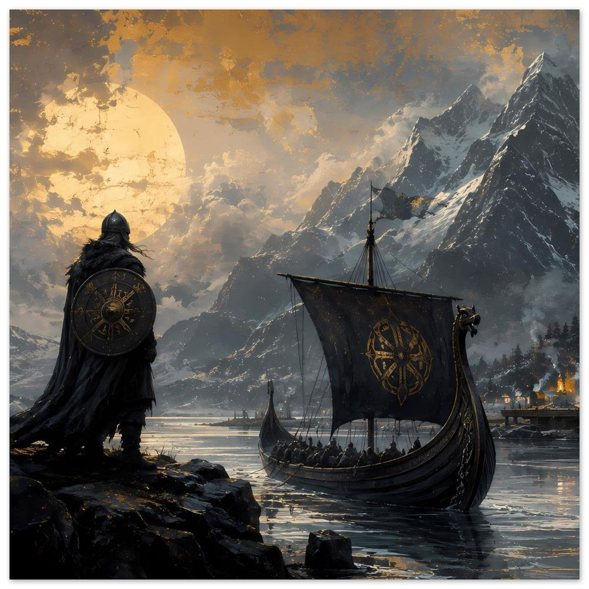 Poster mit Vikingkrieger und Langschiff auf Wasser, große Berge im Hintergrund