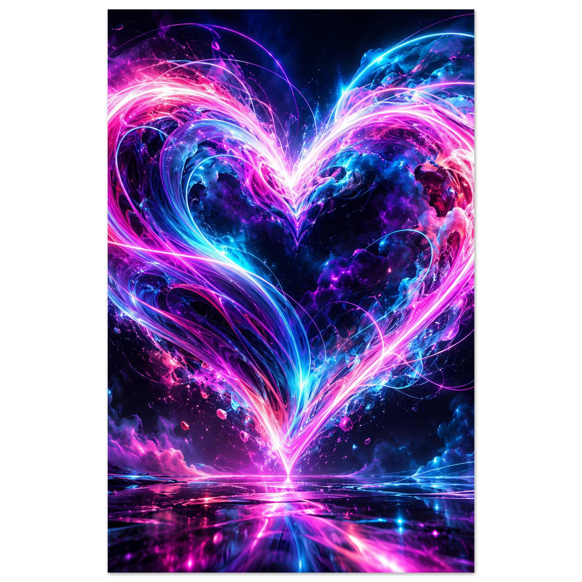 Neon-Herz Poster, rosa-blaues Lichtwirbel-Motiv, rechteckig mit weißem Rand