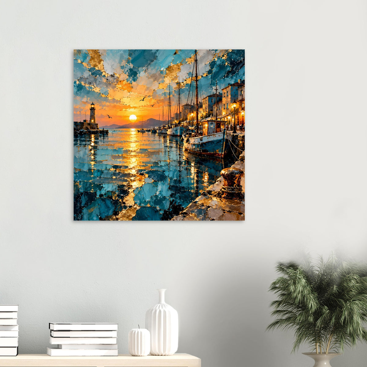 Quadratisches Poster mit Sonnenuntergang am Hafen, türkis-orange, texturiertes Palette-Messer-Design