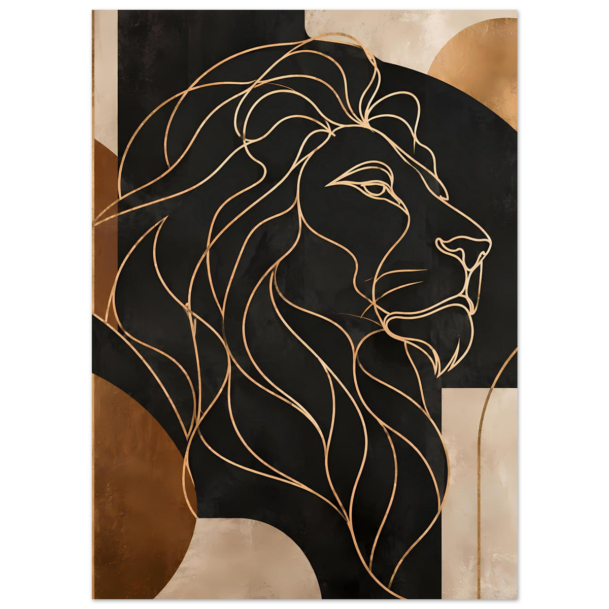 Poster mit Löwenmähne in Gold-Bronze-Linien, rechteckige und runde Farbfelder
