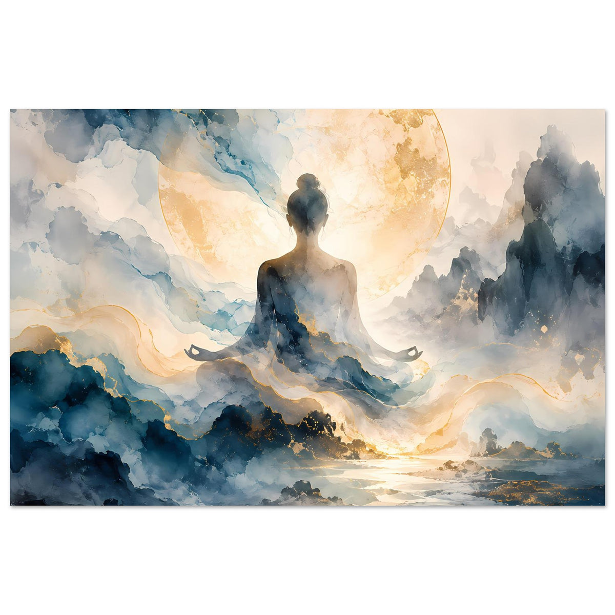 Zen-Poster im Querformat mit Meditationsfigur vor goldgelbem Mond, Rauchwolken in Blau