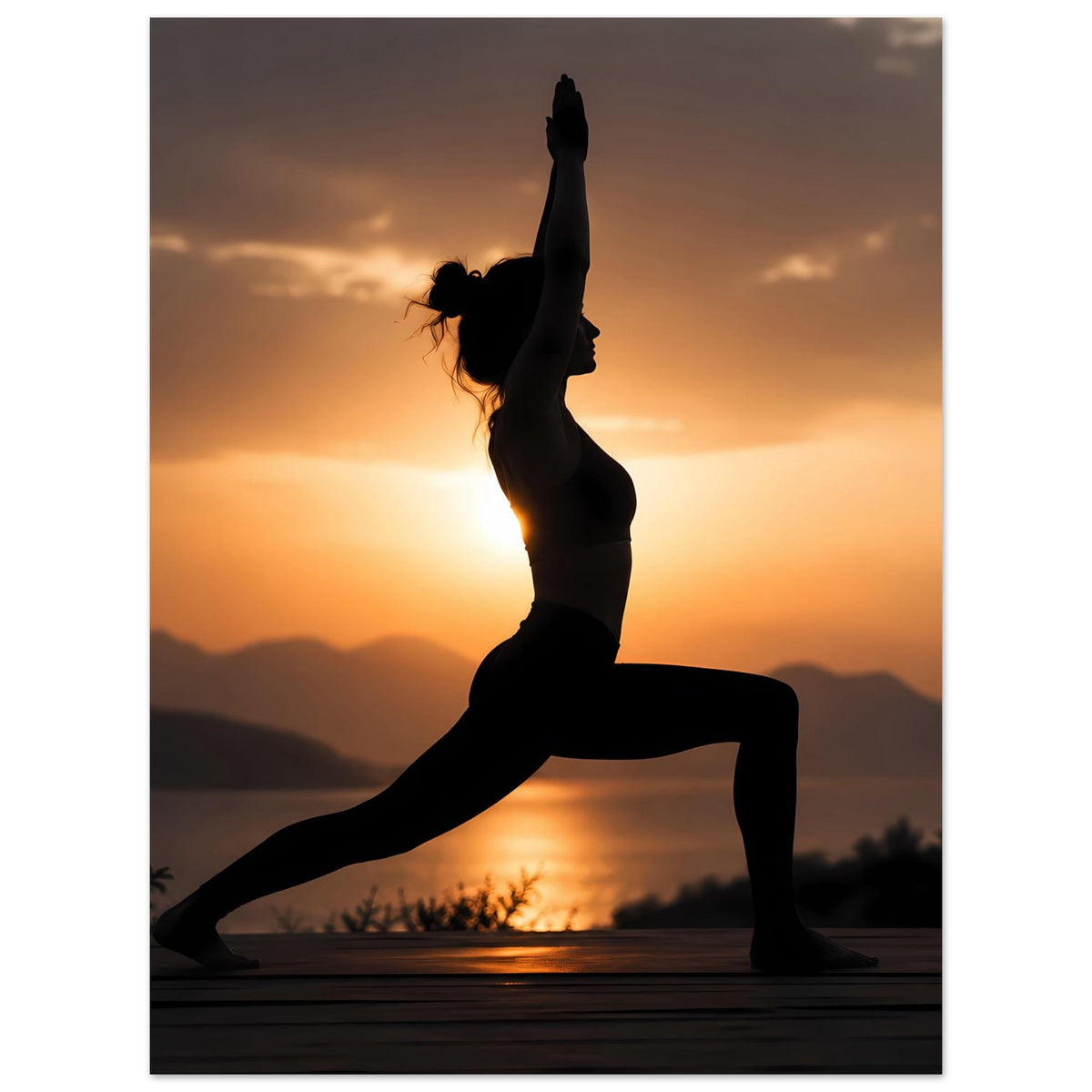 Yoga-Posenposter: Silhouette einer Frau im Ausfallschritt, ein Bein nach vorn gestreckt