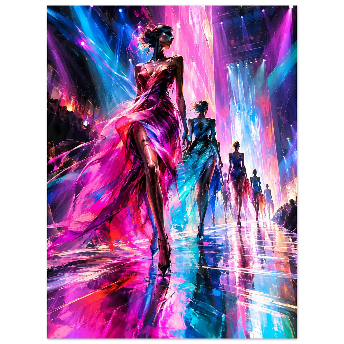 Mode-Poster mit Laufstegszene: farbenfrohes Kleid, pink-blaues Licht und Silhouetten
