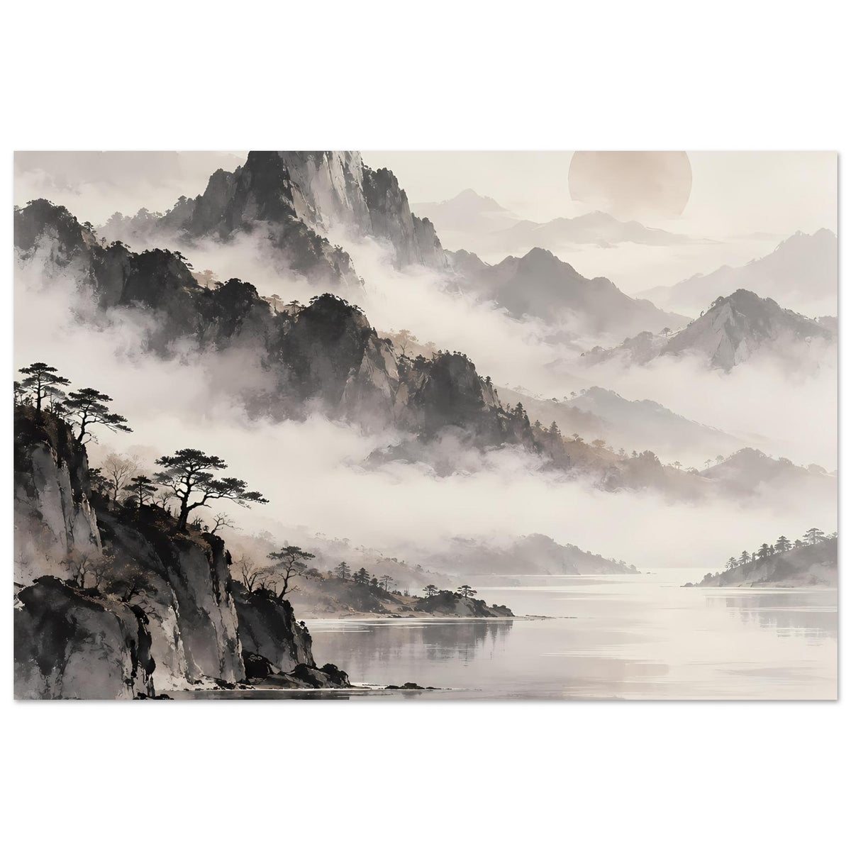 Horizontales Poster: Bergmassiv mit Nebel, ruhiger Bucht und Mondsymbol am Himmel