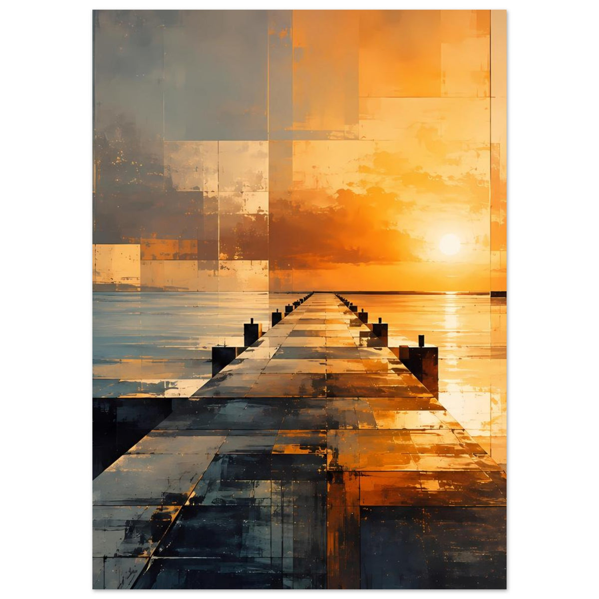 Wandposter mit Aussicht auf den Pier, geometrische Farbblöcke, orange und blau-grau