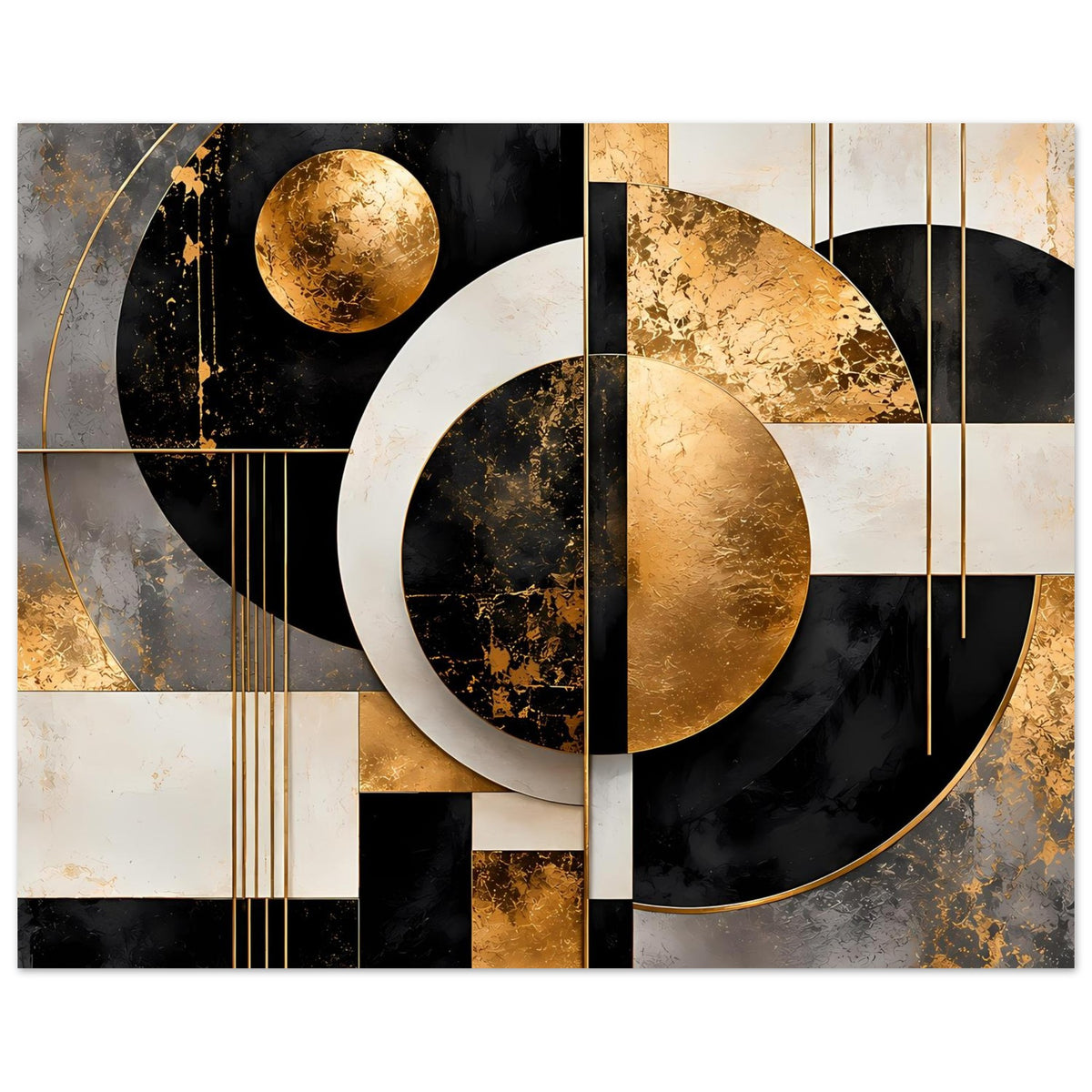 Abstractes Poster: goldene Halbringe und zentrale Kreise in Schwarz, Creme und Grau