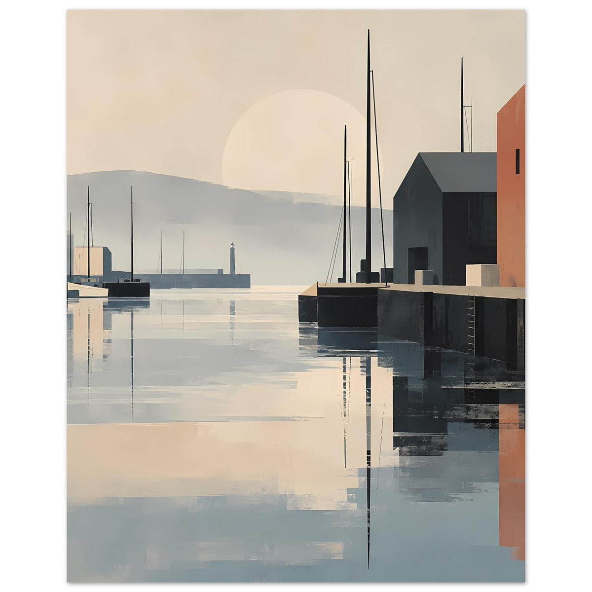 Hafenposter mit abstrakter Hafenlandschaft, dunklen Masten und Spiegelung im Wasser