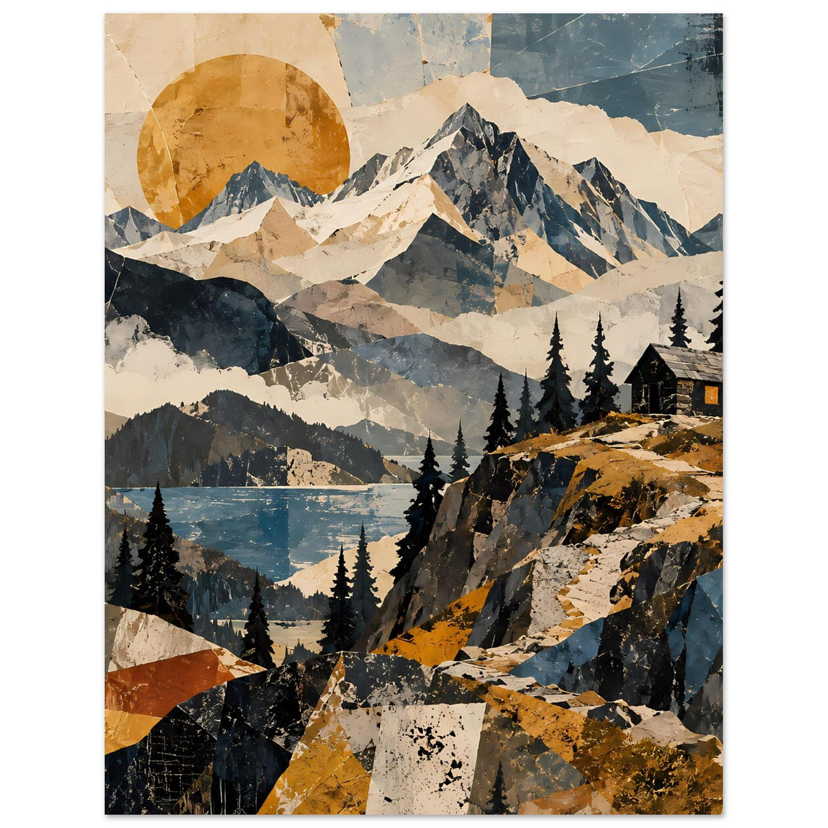Naturposter mit Alpenbergen, geometrisch wirkenden Felsflächen, Sonnenkreis und Tannen