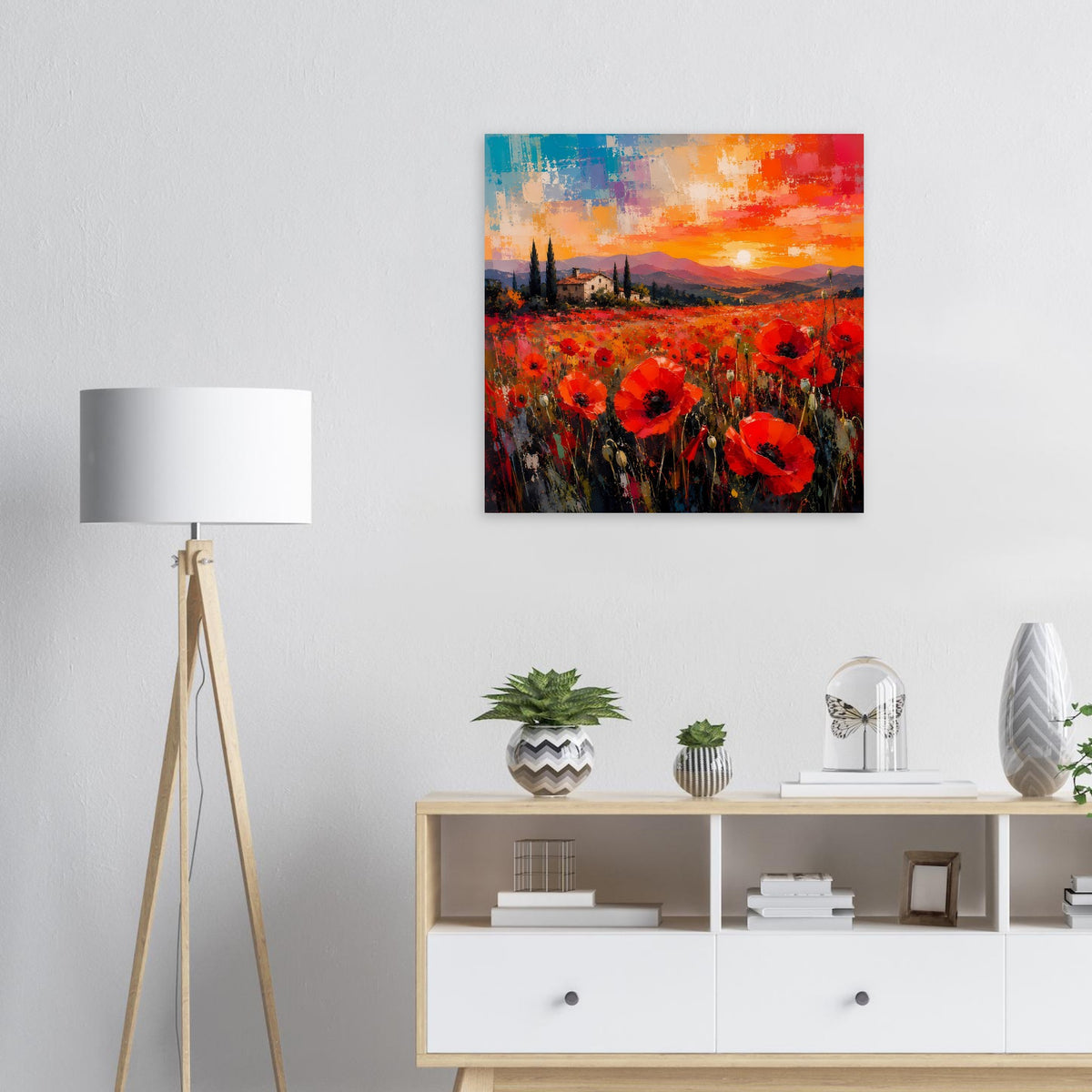 Quadratisches Poster mit rotem Mohnblumenfeld, Burgturm-Silhouette und Sonnenuntergang
