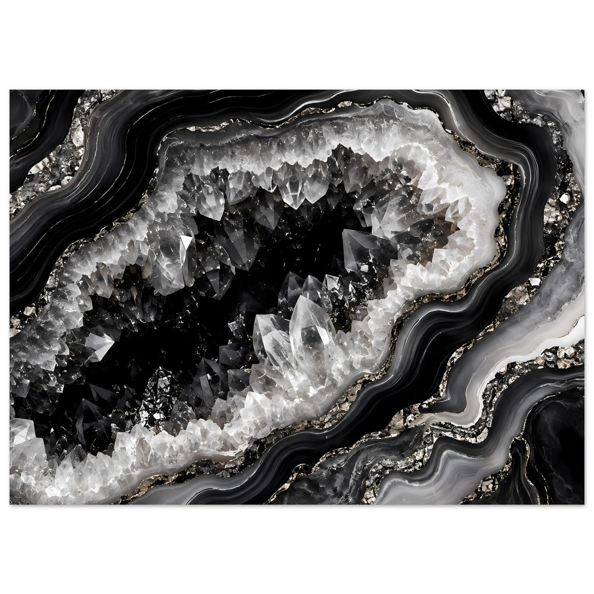 Geoden-Poster im Querformat mit glänzenden Kristallen in Schwarz-Weiß und feinen Schimmerpartikeln