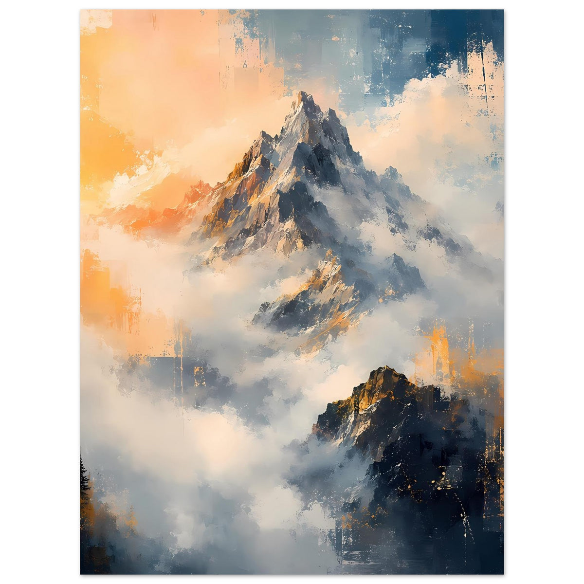 Vertikales Poster mit Berggipfeln in Blau und Orange, umgeben von Wolken und Nebel