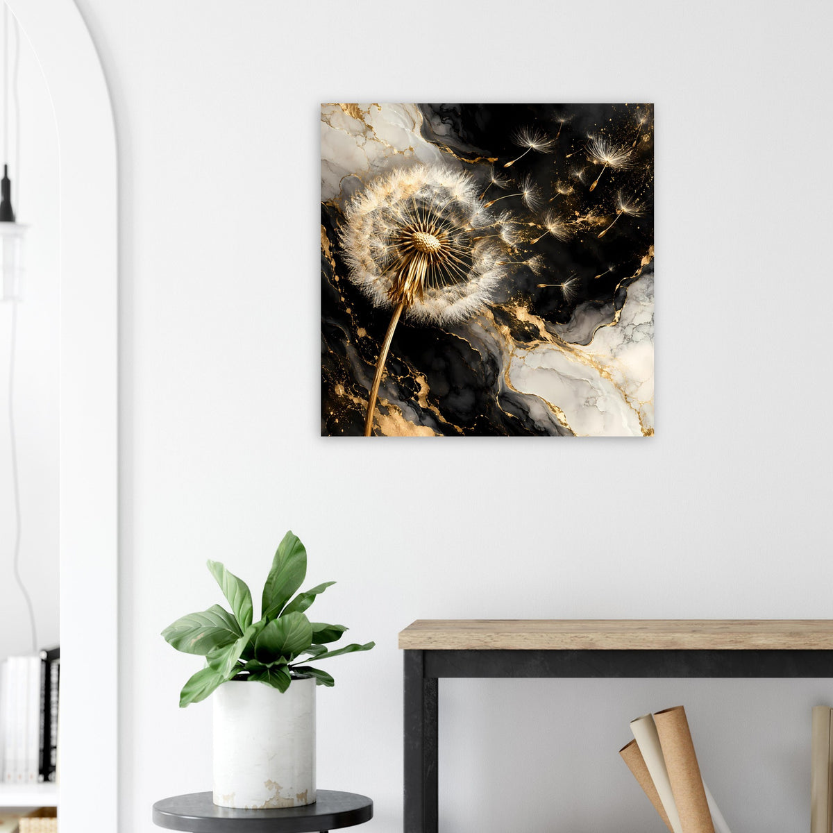 Quadratisches Dandelion-Poster mit goldener Pusteblume und schwarzem, marmoriertem Look
