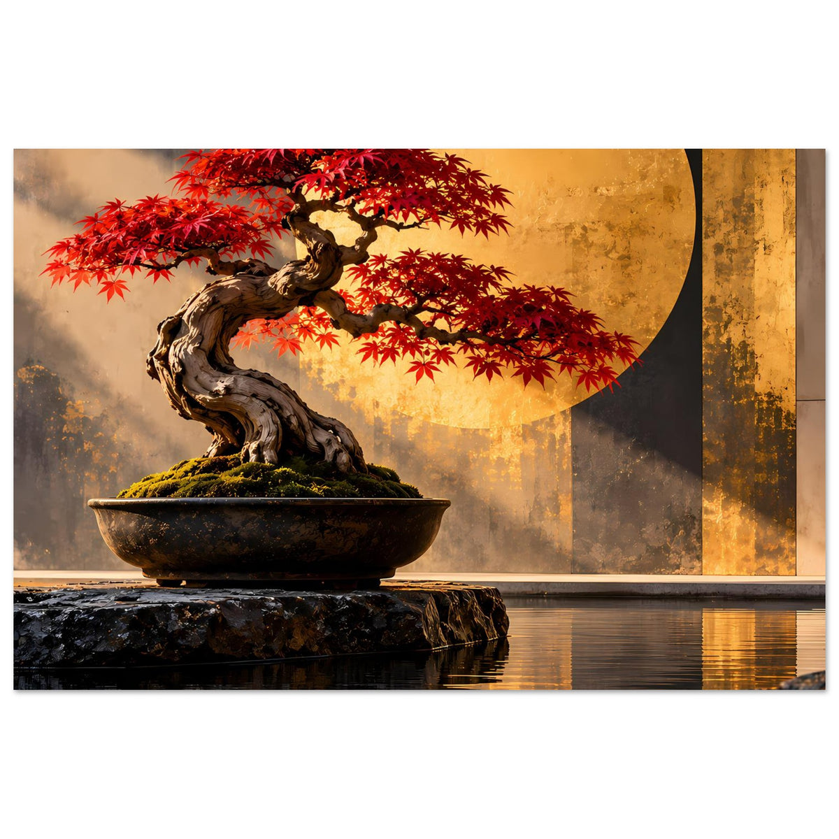 Bonsai-Poster mit rotem Ahorn und dunkler Stein-Schale auf Wasserlinie, goldener Halbkreis