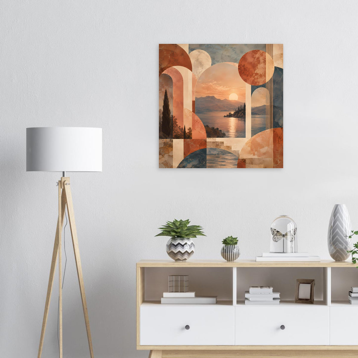Abstraktes Poster mit warmen Erdtönen, Sonnenmotiv und geometrischen Formen, gerahmt
