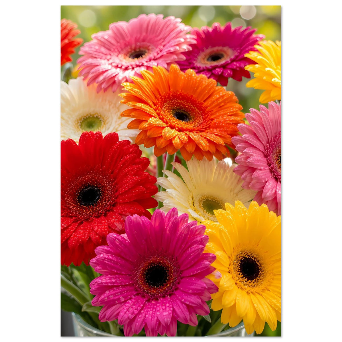 Poster mit Gerbera-Blütenstrauß, vertikaler Zuschnitt in Pink, Rot, Gelb und Weiß
