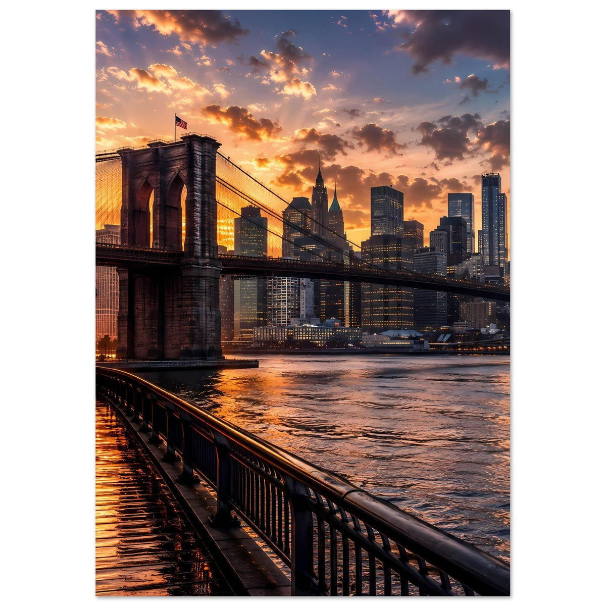 Poster mit Brooklyn Bridge und Manhattan-Skyline, goldenes Abendlicht über dem Fluss