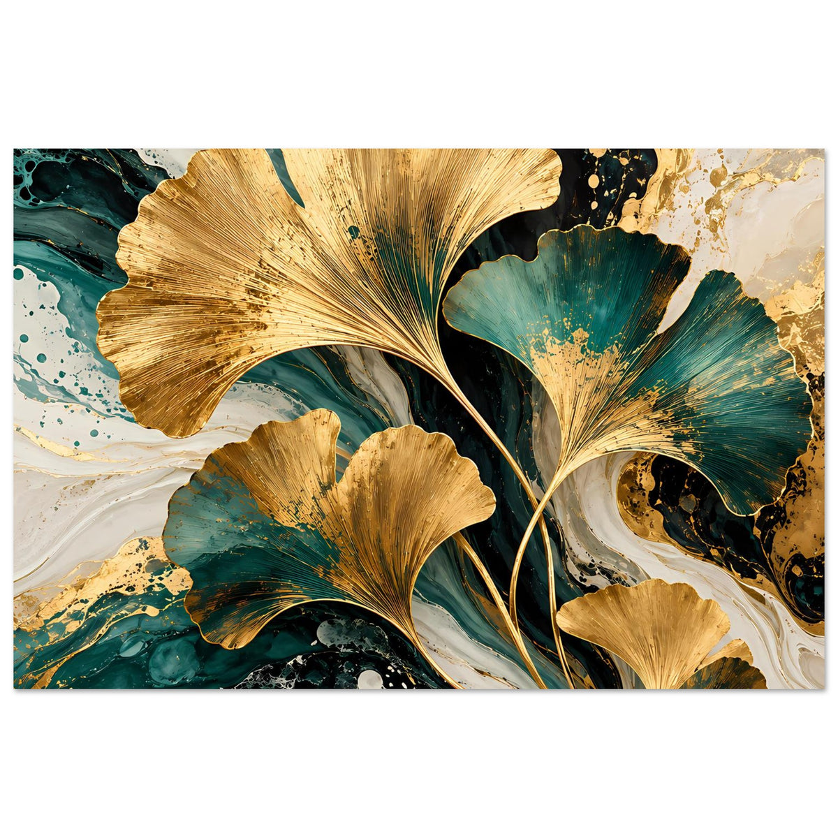 Naturposter mit goldenen Ginkgo-Blättern auf dunkel-türkisfarbenem Hintergrund mit weißen Spuren