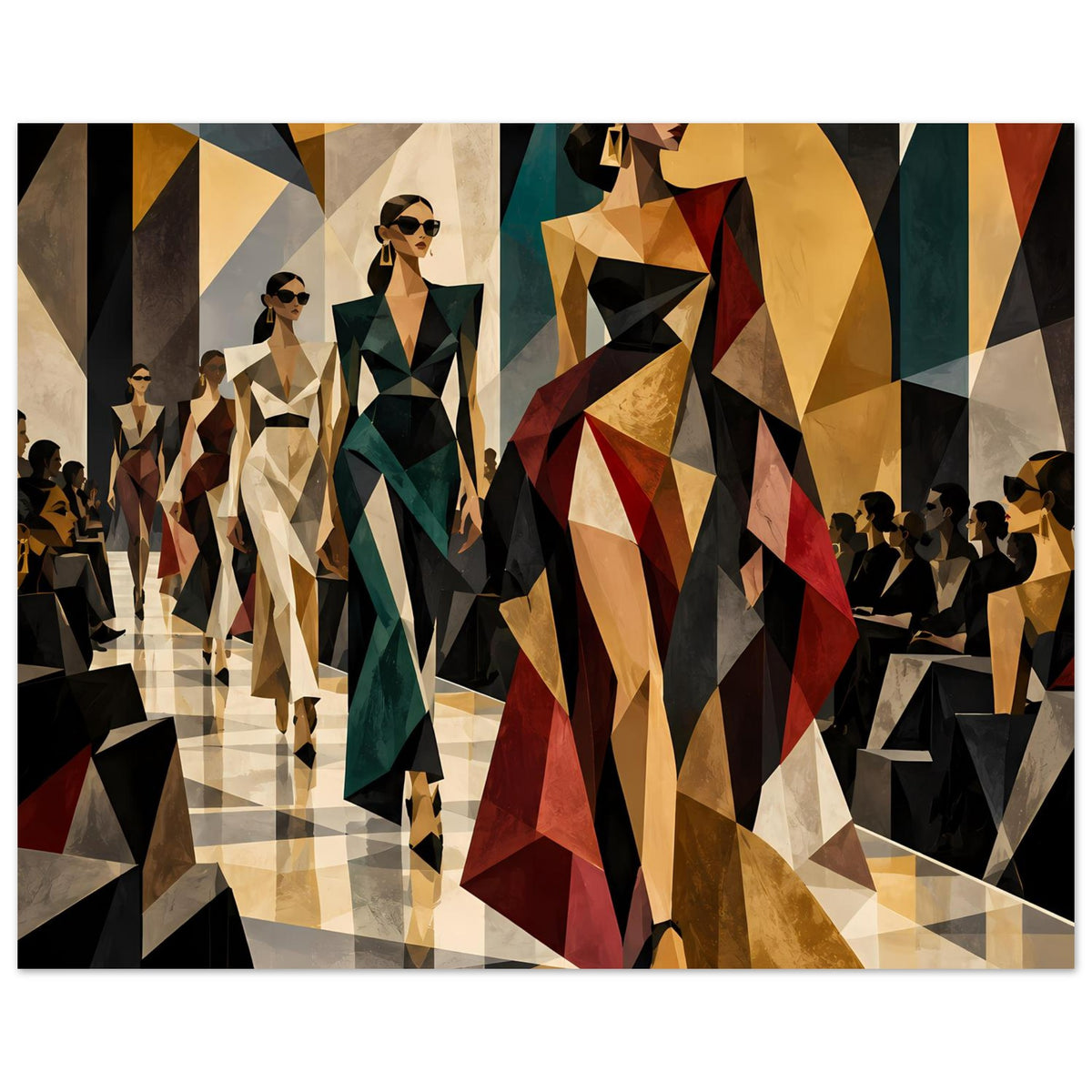Modeposter: große Vordergrundfigur mit geometrischen Faltenflächen, Hintergrund voller Laufstegfiguren