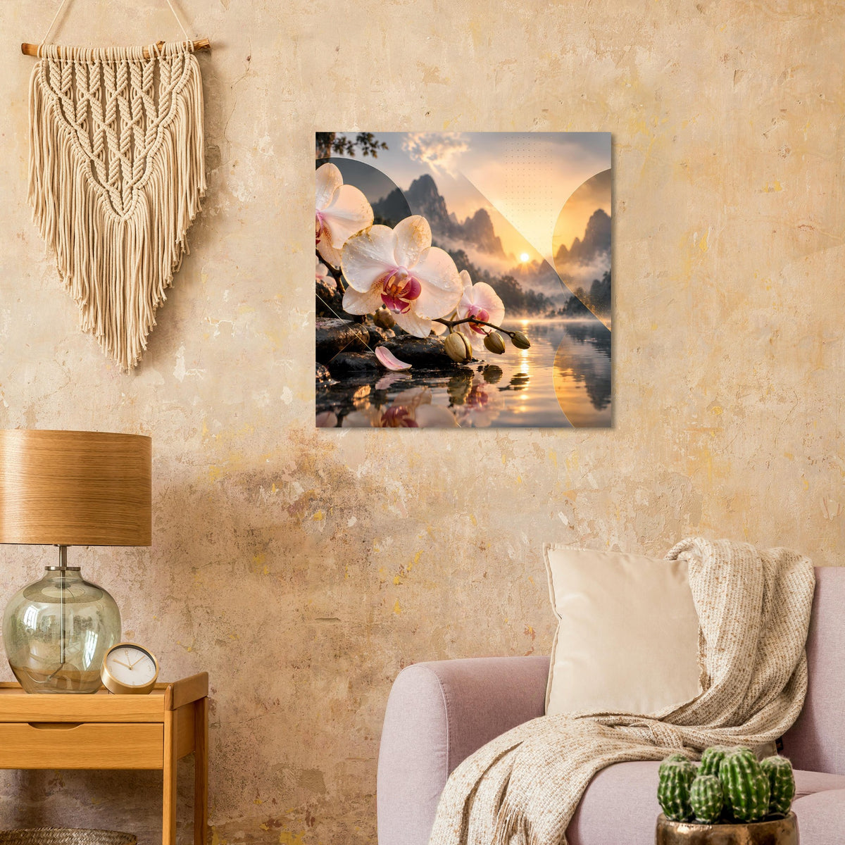 Blumenposter mit Orchideen und Spiegelung am Wasser vor Berglandschaft