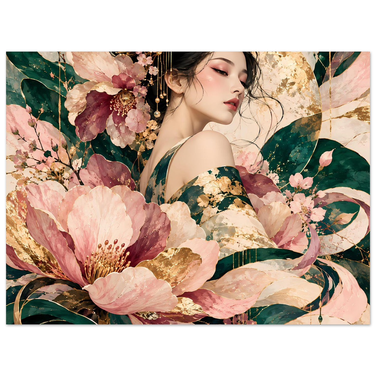 Elegantes florales Poster mit Frau in Rosé-, Grün- und Goldblüten