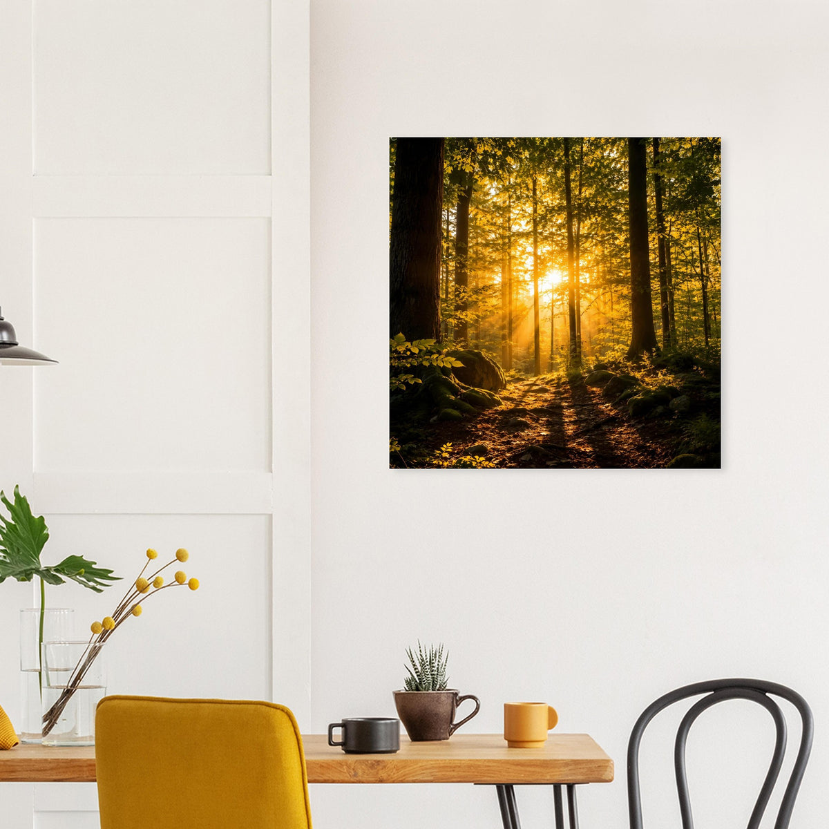 Quadratisches Poster mit Waldweg und Sonnenstrahlen zwischen hohen Bäumen