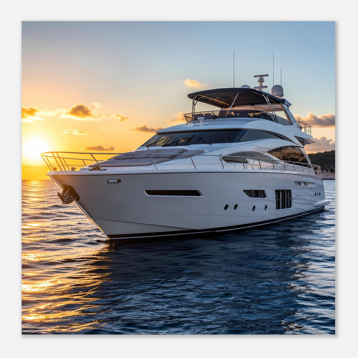 Poster mit Yacht und Sonnenuntergang, Fensterpartie und abendliches Orange am Horizont