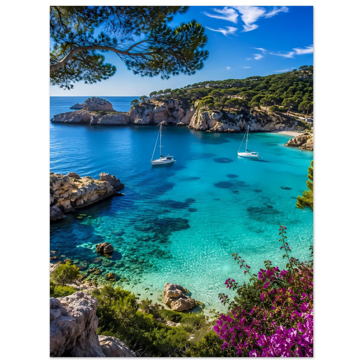 Mediterranes Küstenfoto-Poster mit türkisfarbenem Meer, Segelbooten, Felsen, Grünhang und violetten Blüten