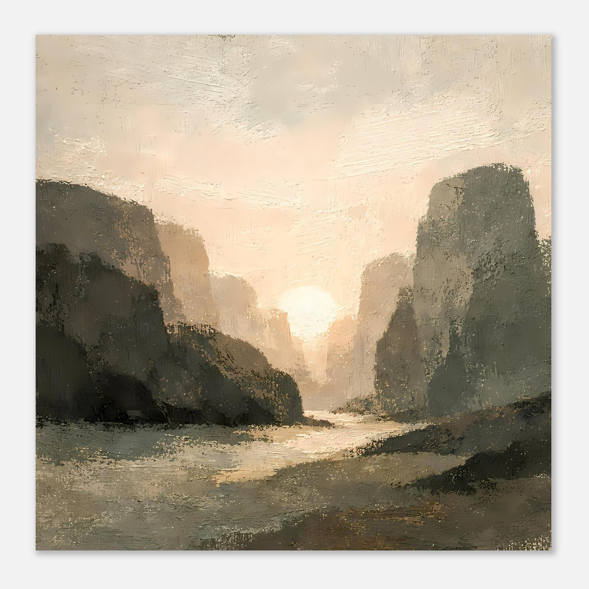 Poster mit Sonnenuntergang am Talende, dunkle Berge links und rechts, heller Bodenweg