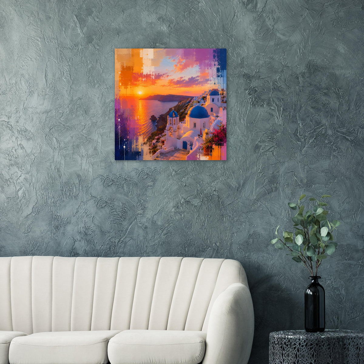 Wandposter mit Santorini-Sonnenuntergang: orangefarbener Sonnenuntergang, blaues Meer und weiße Häuser.