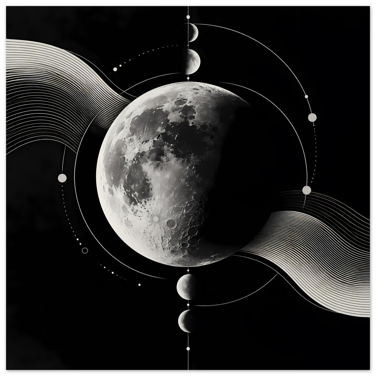 Mondphasen-Poster (hochkant) mit silbergrauem Mond, umlaufenden Kreisen und Linienwellen.