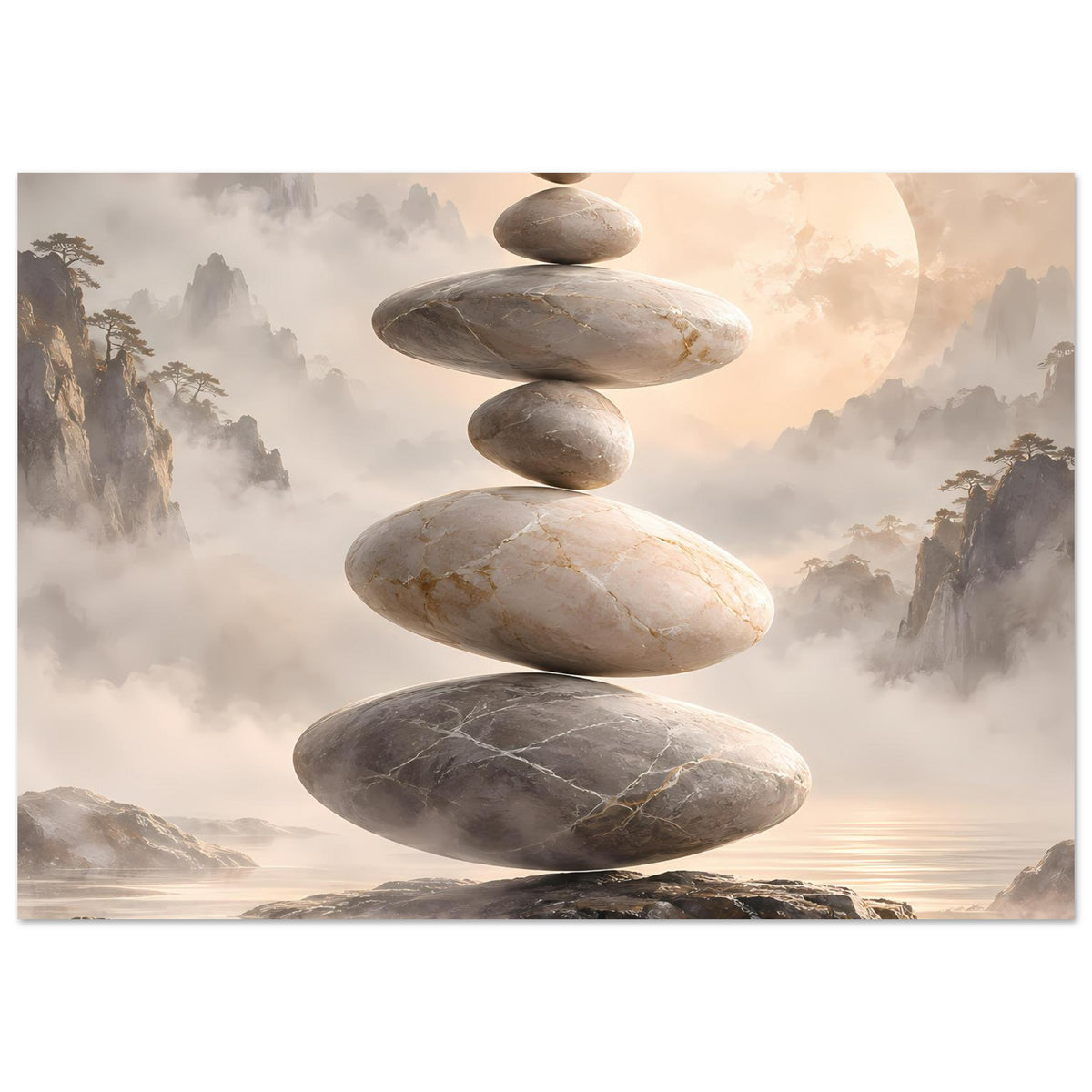 Zen-Steine in Balance vor nebligem Hintergrund in sanften Beige- und Grautönen – Posteransicht 19