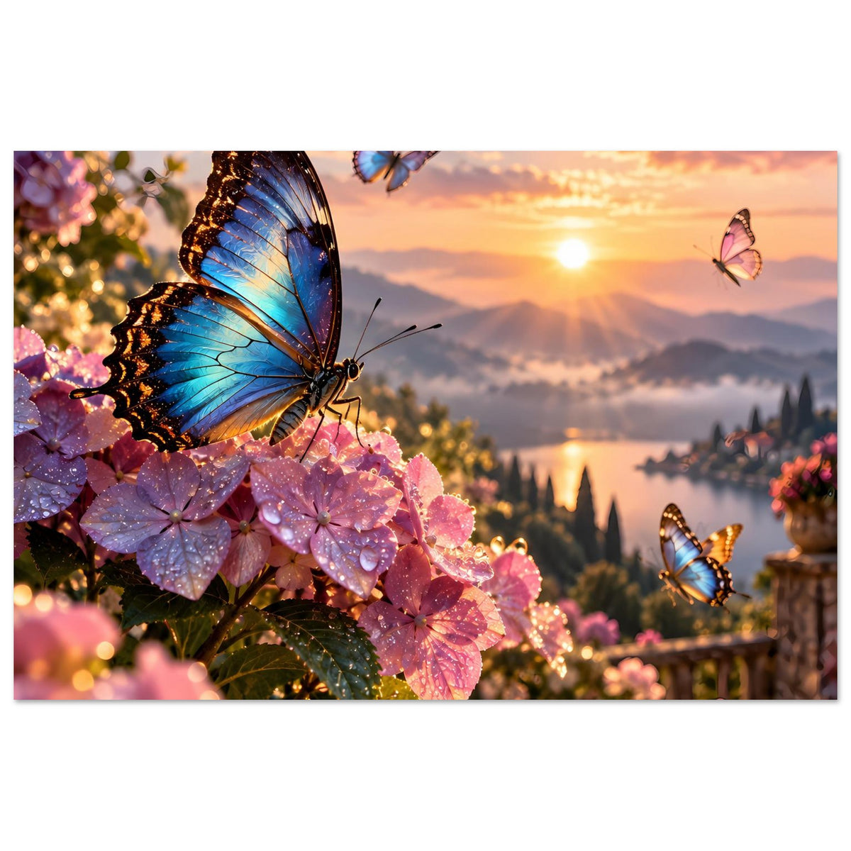 Poster mit blauem Schmetterling auf rosa Blüten, weitere Schmetterlinge bei Sonnenuntergang