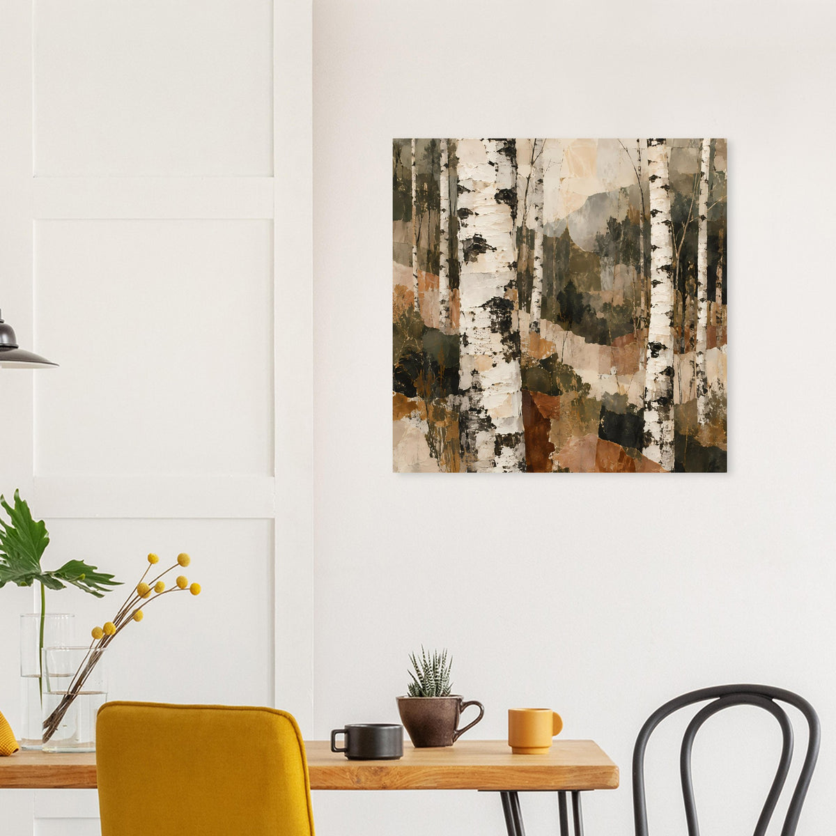 Birkenwald-Kunstdruck mit strukturiert wirkenden Farbschichten und Baumstämmen