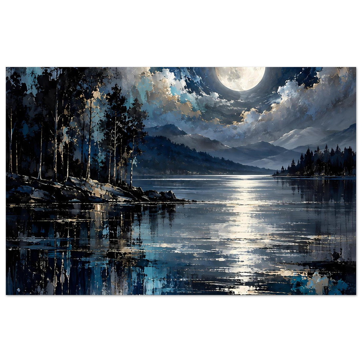 Horizontales Landschaftsposter mit hellem Mond über See, Berge und Uferbäume