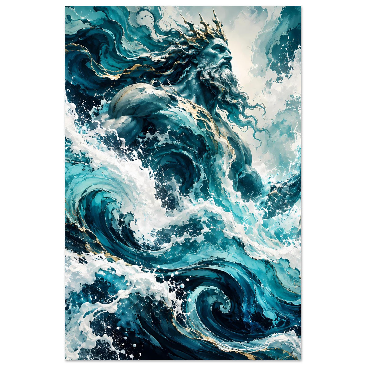 Hochformat-Poster mit Meer-Gott-Motiv: Gesicht im Sturm, blaue Wellen und goldene Dreizackspitze.