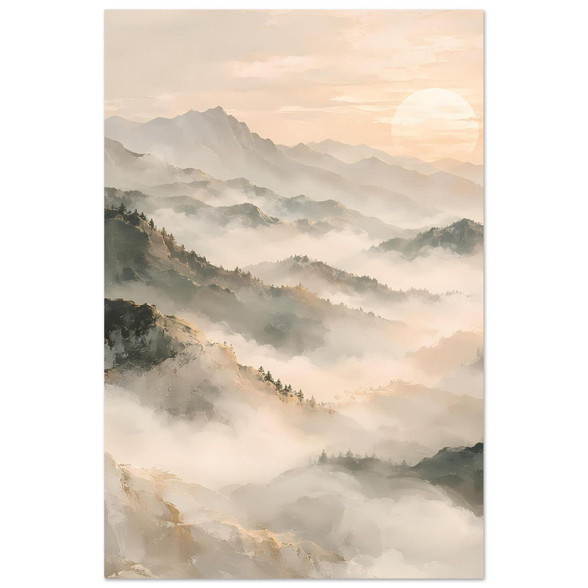 Poster mit Bergpanorama im Dunst, sanfte Pastelltöne, matte Oberfläche, Hochformat.