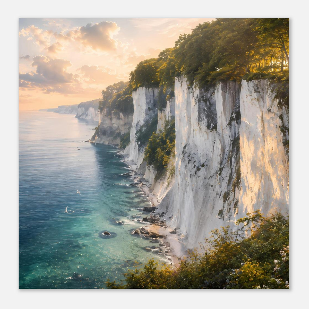 Poster mit Küstenpanorama: türkisblaues Meer, weiße Steilklippen und grünes Gestrüpp am unteren Rand