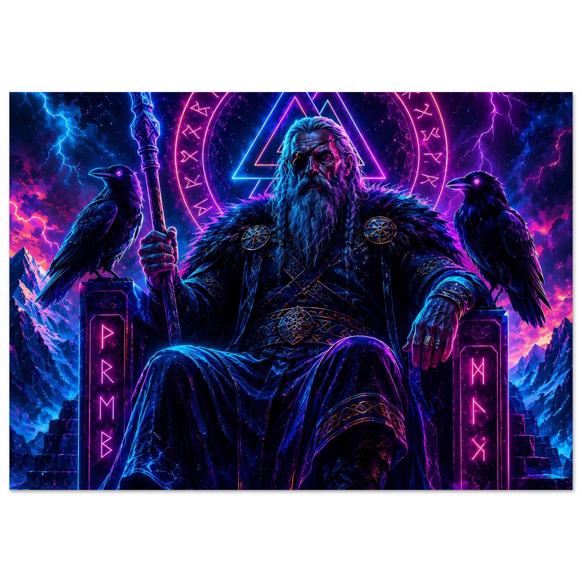 Nordisches Fantasy-Poster: sitzender Wikingerkönig im neonem Runenkreis, zwei Raben und Blitz.
