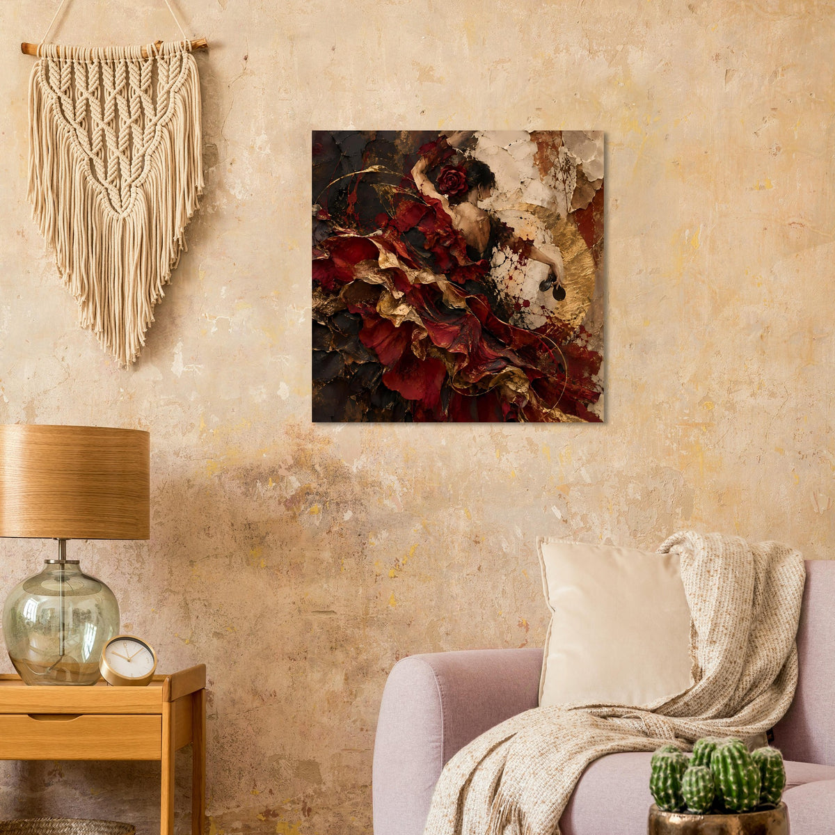 Wandkunst-Poster mit Frau, roter Rosenblüte, rotem Flamenco-Gewand und goldbrauner Rissoptik