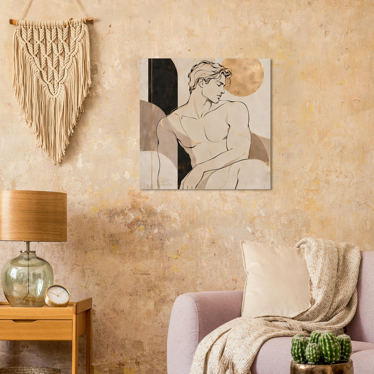 Kunstposter mit Aktmotiv und warmen Erdtönen, Goldakzenten und dunklem Seitenteil