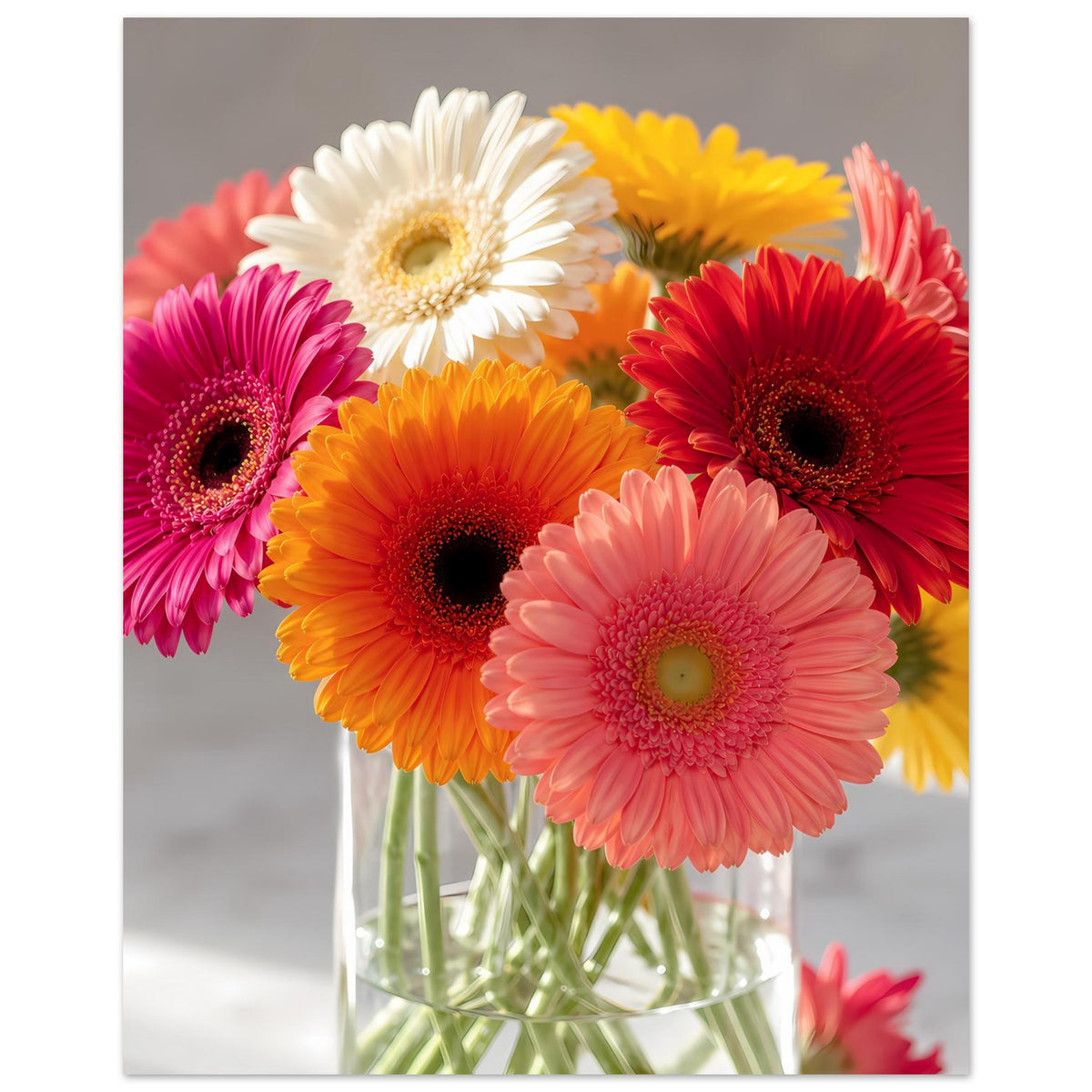 Gerbera-Blumenstrauß Poster: weiße, pinke, orange und rote Blüten in Glasvase