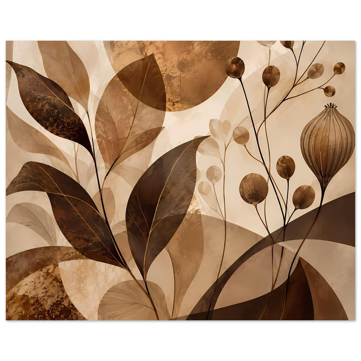 Blumenposter mit Blütenstielen und Texturen in warmen Braun- und Beigetönen, querformat